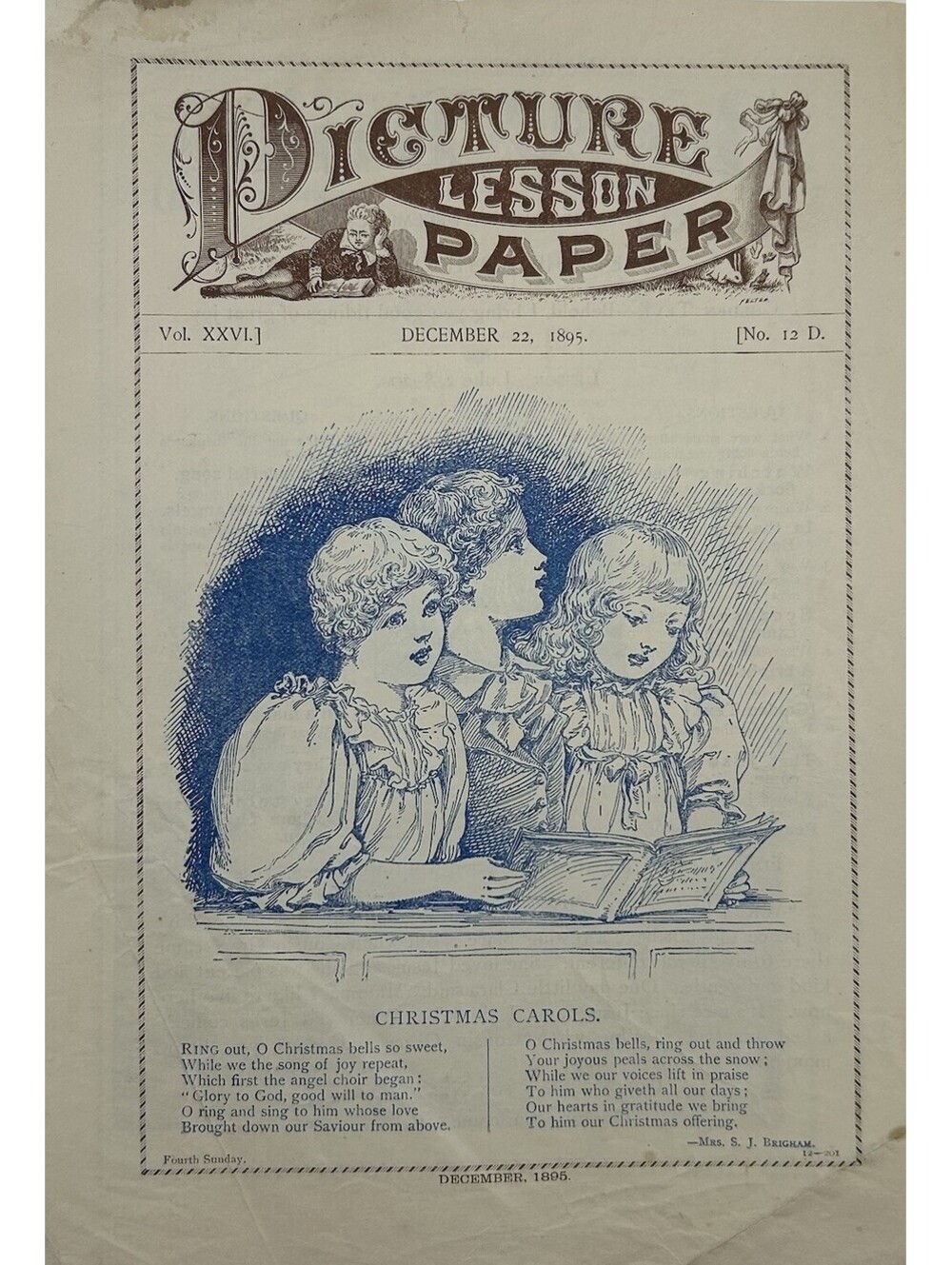 Antique 1895 Picture Lesson Paper Christmas Carols Sunday School Ephemera    C28